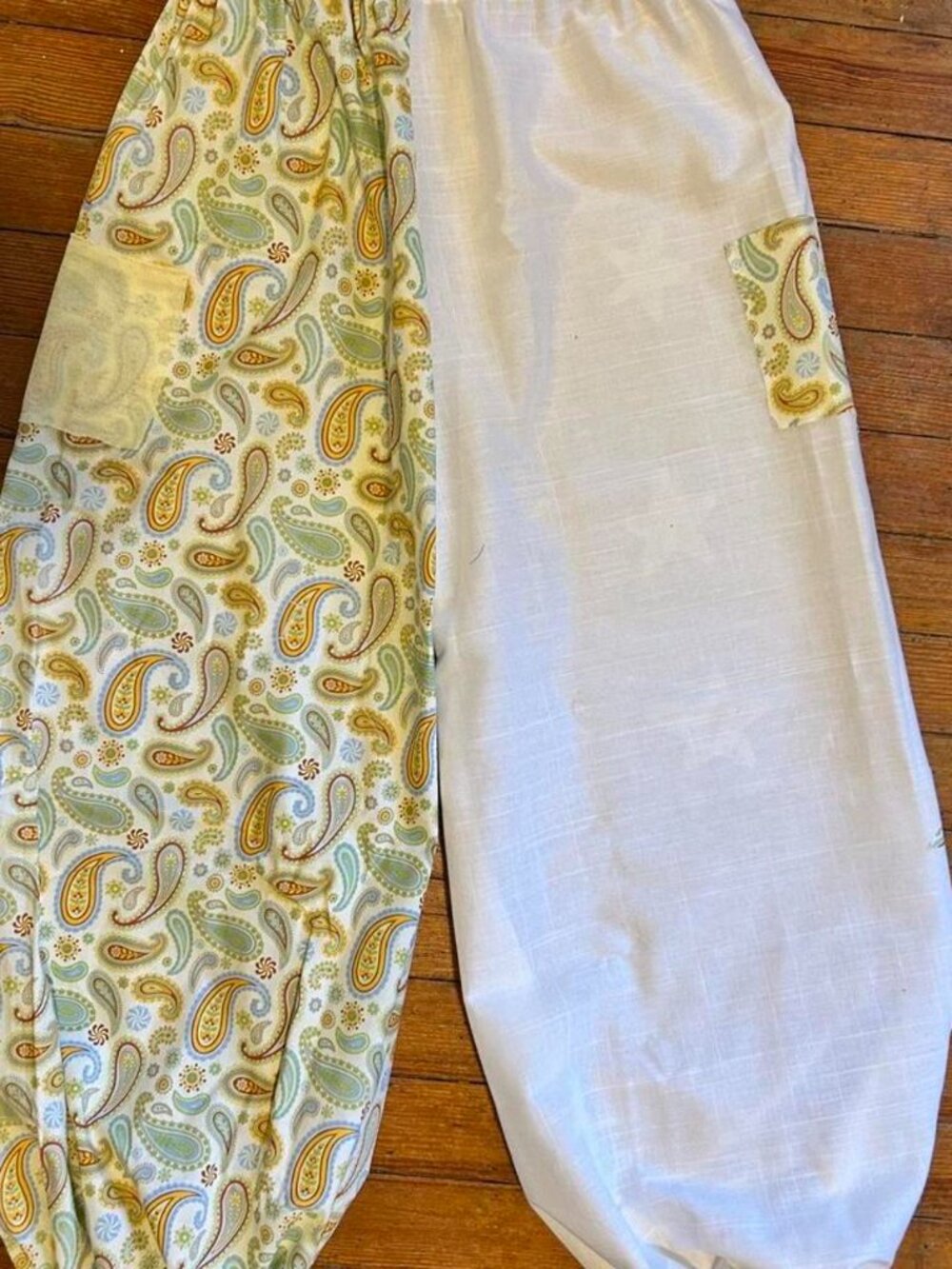 Festival White Paisley Two Tone Wide Leg Pants Handmade Boho - Picture 5 of 5